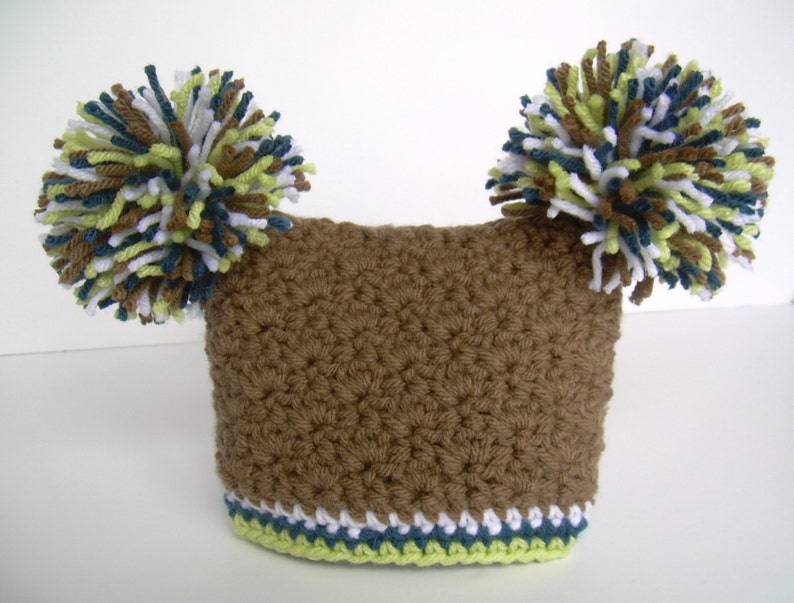 Crochet Baby Boy Hat With Pom Poms Chocolate Brown With Cape Etsy