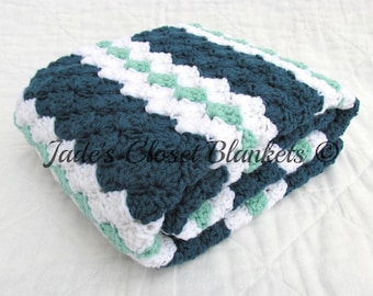 Crochet Baby Blanket, Baby Blanket, Crochet Blue Baby Blanket, blue, white, and mint green