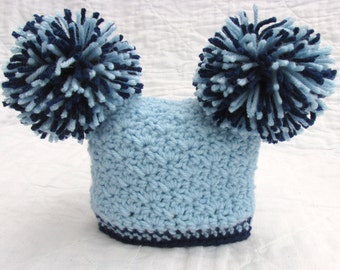 Crochet Blue Baby Pom Pom Hat, Little Boy Blue, 0 to 18 months