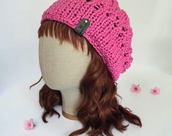 Cotton Slouchy Beanie – Lightweight Summer Hat – Breathable Vegan Knit – Hot Pink