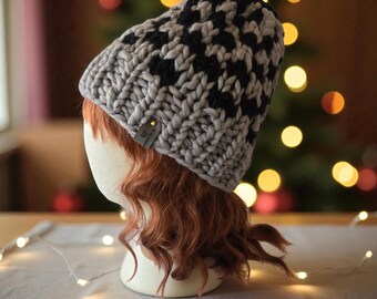 Hand‑Knit Patchwork Chunky Beanie (Unisex) Handmade Patchwork Wool Hat – Colorful Knit Beanie for  main image 2