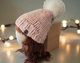 Classic Pom Hat – Hand Knit Merino Wool – Baby Pink & Pink Confetti