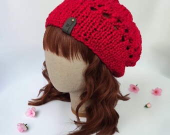 Cotton Slouchy Beanie – Lightweight Summer Hat – Breathable Vegan Knit – Red