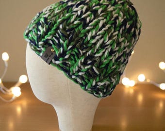 Hand Knit Merino Wool Beanie – Marled Kelly Green Adult Hat