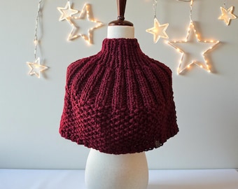 Merino Wool Poncho Capelet | Cozy Fall Winter Shawl Wrap – Burgundy