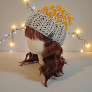Patchwork Beanie – Hand Knit Merino Wool – Gray & Mustard – Short or Regular