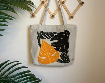 Borsa tote realizzata a mano con tecnica Punch Needle, borsa in cotone naturale, borsa tote con arte botanica, shopper ecologica, borsa in tela per tutti i giorni