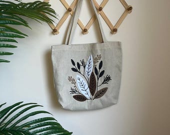 Borsa tote in cotone naturale con ricamo botanico a punzone – Borsa a tracolla ecologica fatta a mano per tutti i giorni