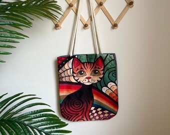 Large Colorful Cat Art Tote Bag 43x37, Handmade Fabric Shoulder Bag, Rainbow Cat Print, Lined Canvas Shopper, Gift for Cat Lovers