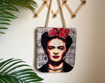 Frida Art Tote Bag, Large Handmade Fabric Shoulder Bag, Artistic Shopper Tote, Velvet Back, Soft Lined Everyday Bag