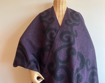 Reversible Purple Poncho, Oversize One Size Shawl, Acrylic Fabric Boho Wrap, Fringe Poncho for Women