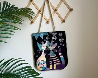 Colorful Cat Art Tote Bag, Handmade Cotton Shoulder Bag, Artistic Cat Illustration, Reusable Eco Tote, Gift for Cat Lovers