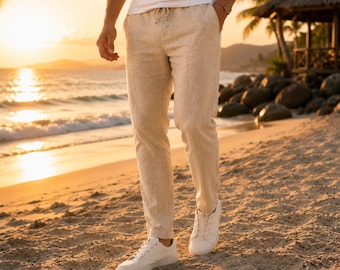 Men's Linen Summer Trousers | Minimalist Straight Cut | Lightweight Breathable Cotton Linen Trousers | Casual Chic Style