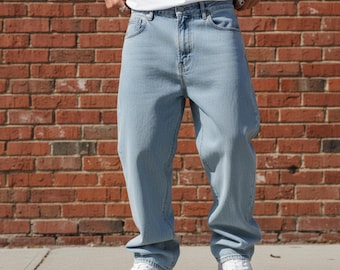 Jeans da uomo a gamba larga | Vestibilità dritta e ampia | Jeans casual azzurri | Pantaloni oversize urbani alla moda