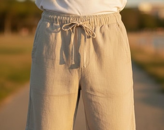 Pantaloncini estivi da uomo in lino – Pantaloncini in cotone e lino leggeri e traspiranti – Pantaloncini casual minimalisti – Pantaloncini da uomo con elastico in vita – Abbigliamento estivo comodo