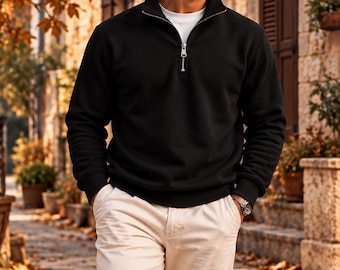 Maglione da uomo a collo alto con mezza zip | Felpa da uomo chic e casual con zip | Maglione autunnale da uomo | Felpa elegante da uomo | Moda uomo