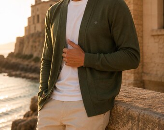 Cardigan da uomo a maglia grossa con collo a scialle, stile casual