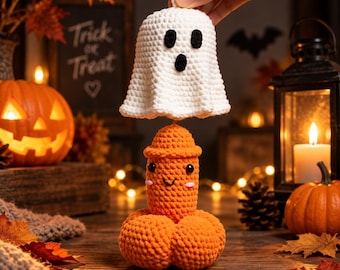 Decorazione di Halloween: zucca fantasma all'uncinetto, peluche rimovibile, decorazione autunnale.