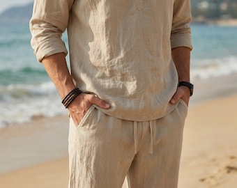 Men's summer cotton-linen set, men's beach vacation outfit, lightweight breathable men's outfit, casual men's summer set, men's summer outfit