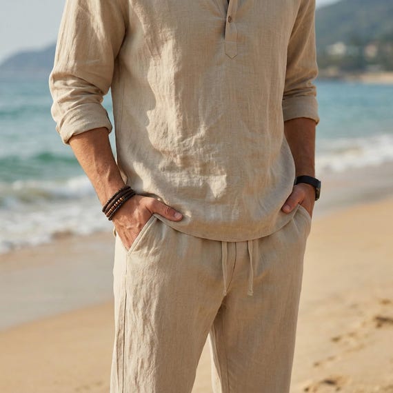 Ensemble homme été coton lin, tenue vacances homme plage, outfit homme léger respirant, set homme été décontracté, ensemble été homme