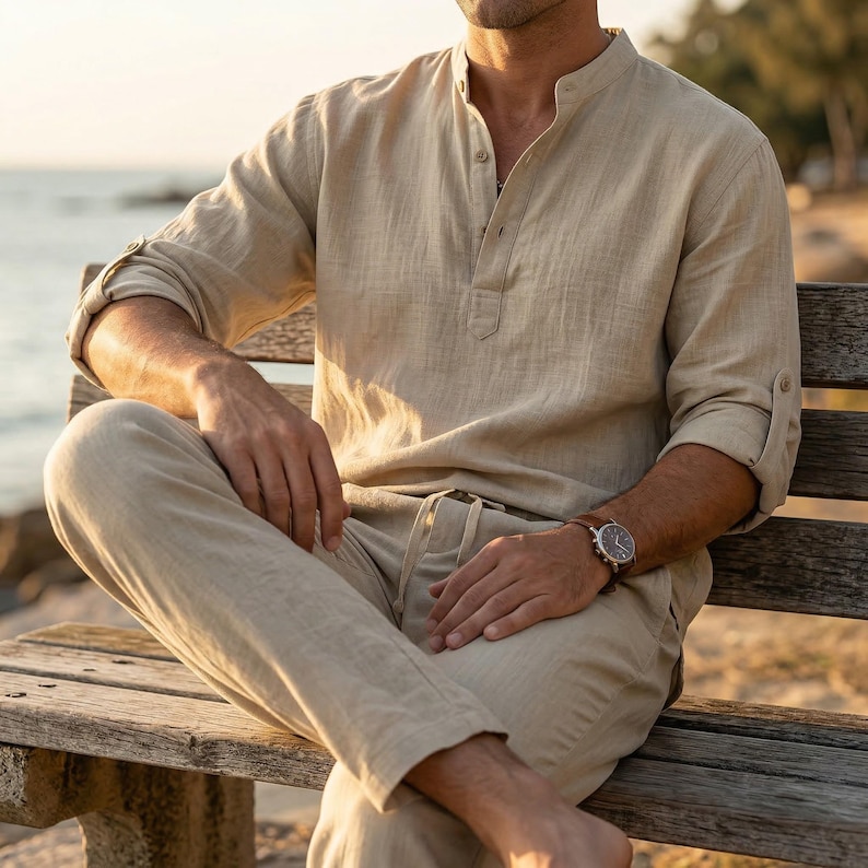 May include: A beige long-sleeved shirt with a mandarin collar and a partial button placket, paired with matching beige trousers featuring a drawstring waist. The shirt sleeves are rolled up to the elbows, and a wristwatch is worn on the left wrist.