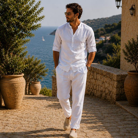 Ensemble Homme Blanc Lin Coton Premium Été | Tenue Old Money Homme Chic | Chemise Lin Blanche + Pantalon Léger | Outfit Vacances Homme