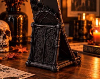 Supporto per telefono a forma di teschio gotico stampato in 3D, nero