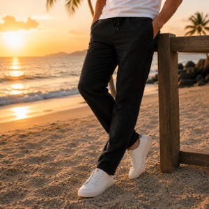Pantaloni estivi in lino da uomo | Taglio dritto minimalista | Pantaloni in lino di cotone leggeri e traspiranti | Stile casual chic Noir