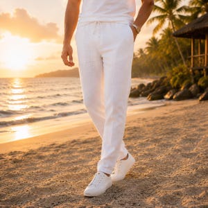 Pantaloni estivi in lino da uomo | Taglio dritto minimalista | Pantaloni in lino di cotone leggeri e traspiranti | Stile casual chic Blanc