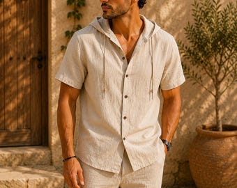 Completo da uomo in lino beige di alta qualità | Camicia con cappuccio + pantaloni casual estivi | Outfit da uomo elegante e raffinato
