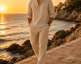 Men's summer cotton and linen set, elegant casual outfit, complete men's outfit, minimalist style shirt and pants set
