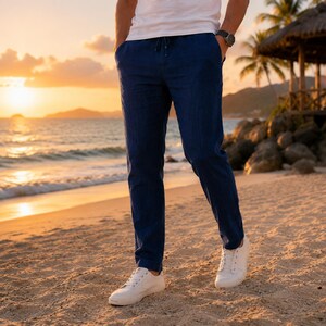 Pantaloni estivi in lino da uomo | Taglio dritto minimalista | Pantaloni in lino di cotone leggeri e traspiranti | Stile casual chic Bleu