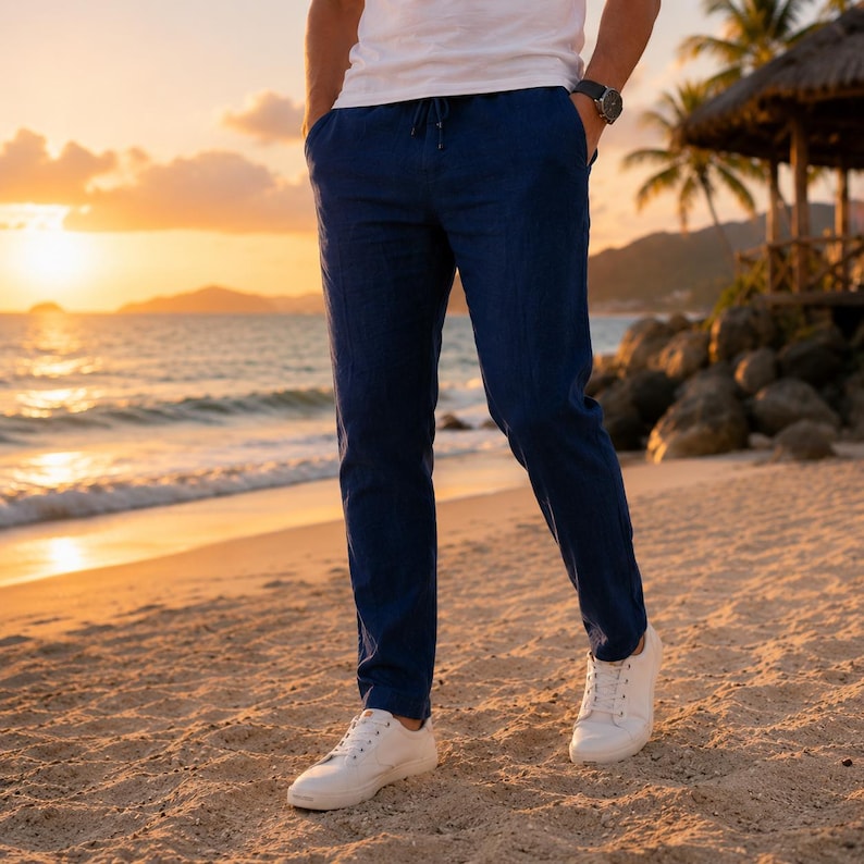 Pantaloni estivi in lino da uomo | Taglio dritto minimalista | Pantaloni in lino di cotone leggeri e traspiranti | Stile casual chic Bleu