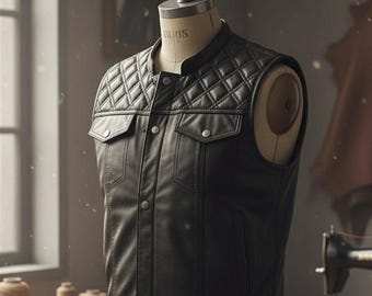 Gilet Moto Cuir Noir Et Or Hunt Club - Cousu Main, Motif Diamant, Sur Mesure, Neuf Avec étiquettes