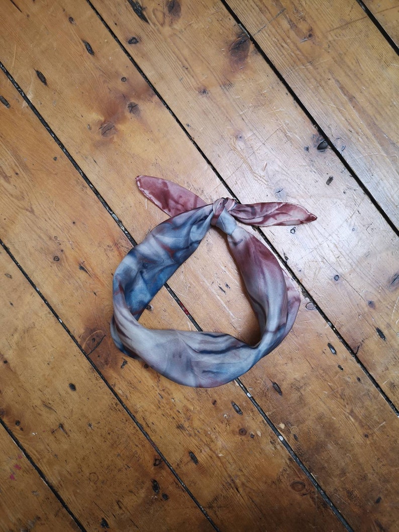 Ladies vintage scarf silk hippie boho accessories tie dye hand crafted square blue grey rusty red neckerchief bandana Dolly Topsy Etsy UK