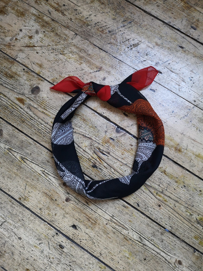 Vintage Codello bohemian 70s scarf paisley black floral design ladies accessories red boarder gift birthday Christmas Dolly Topsy Etsy UK