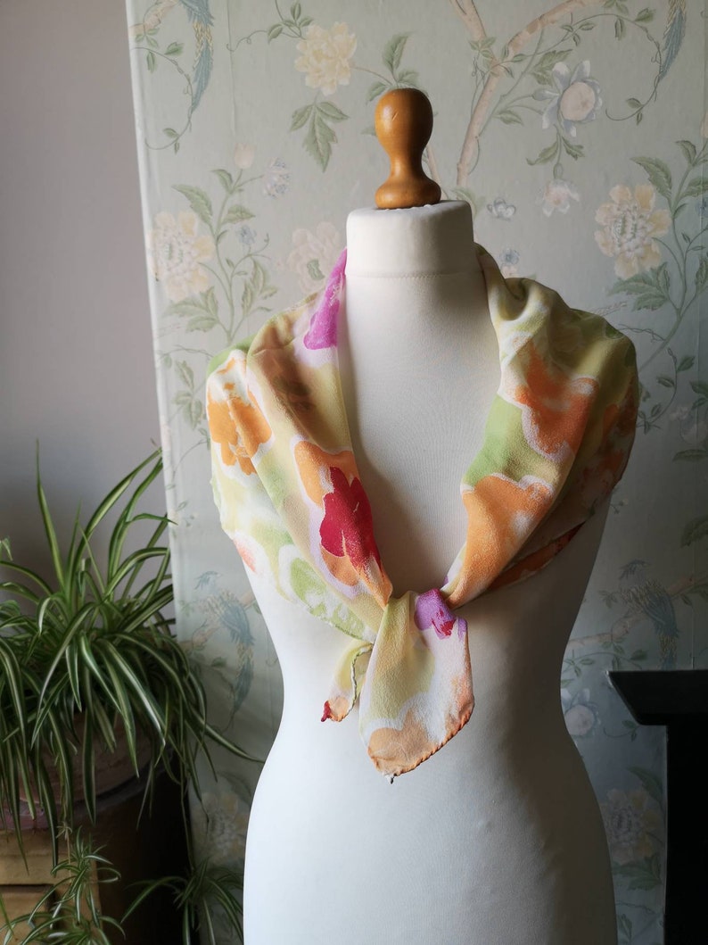 Ladies vintage scarf silk hippie boho Festival accessories green orange neckerchief large shawl top bikini bandana Dolly Topsy Etsy UK