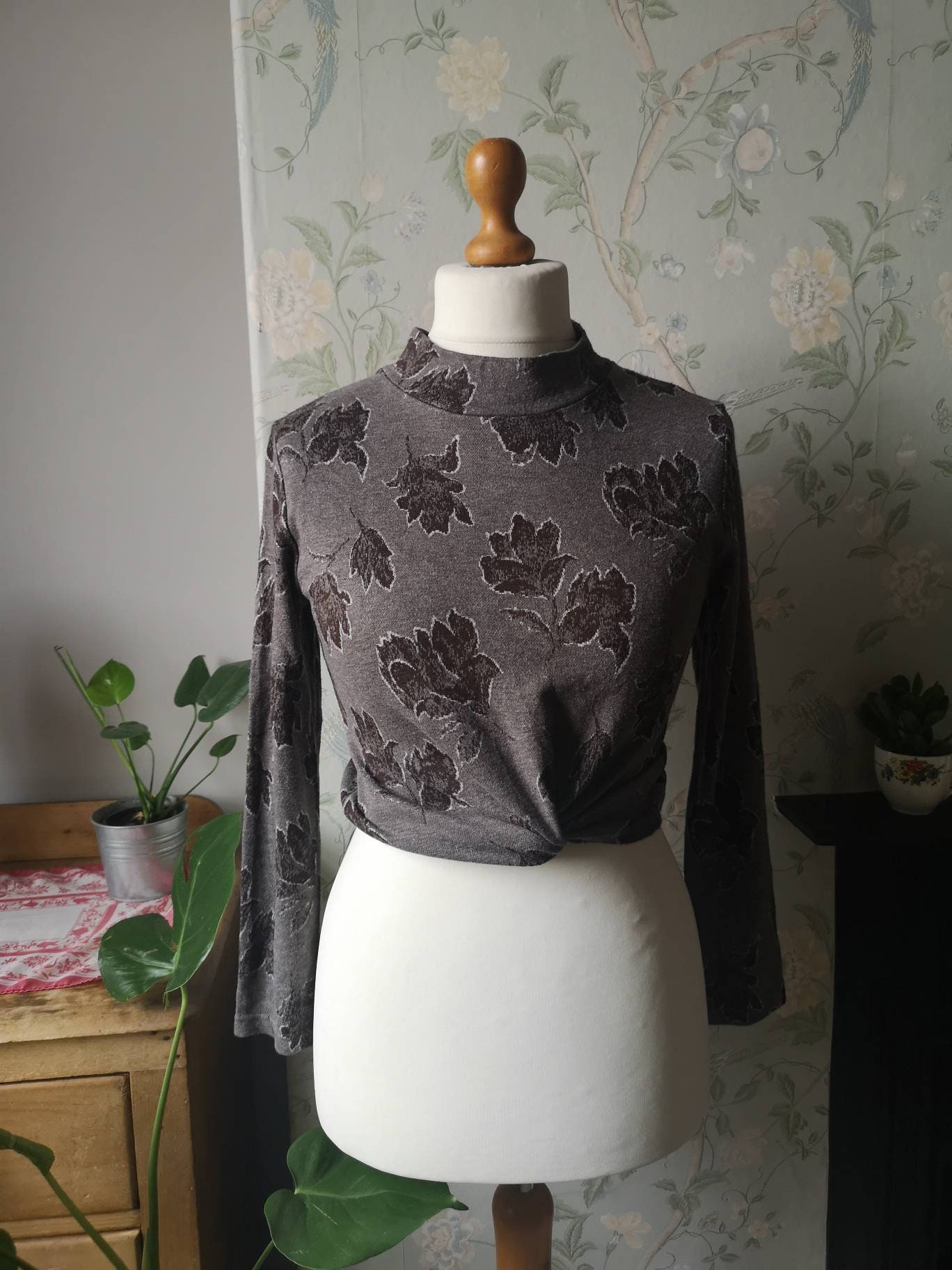 Image of Vintage Top Womens Roll Neck Shirt Size Small  Sustainable Japenese Earthy Brown Grey Leaf Print Turtleneck Casual Dolly Topsy Etsy Uk
