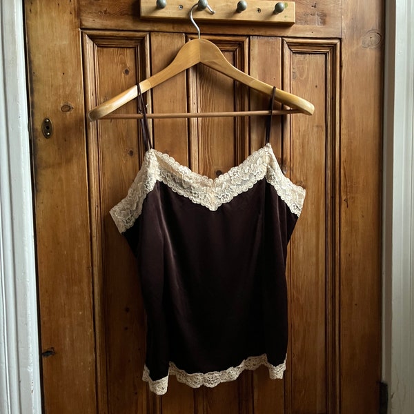 Caraco vintage sans manches pour femme, gilet marron chocolat, corsage avec bordure en dentelle festival, t-shirts blancs, petite taille 16, dentelle de soirée