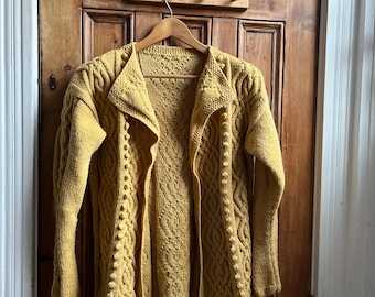 Ladies vintage hand knitted cardigan jumper mustard gold chunky cable design Size 18 sweater cream cottage core neck winter knitwear