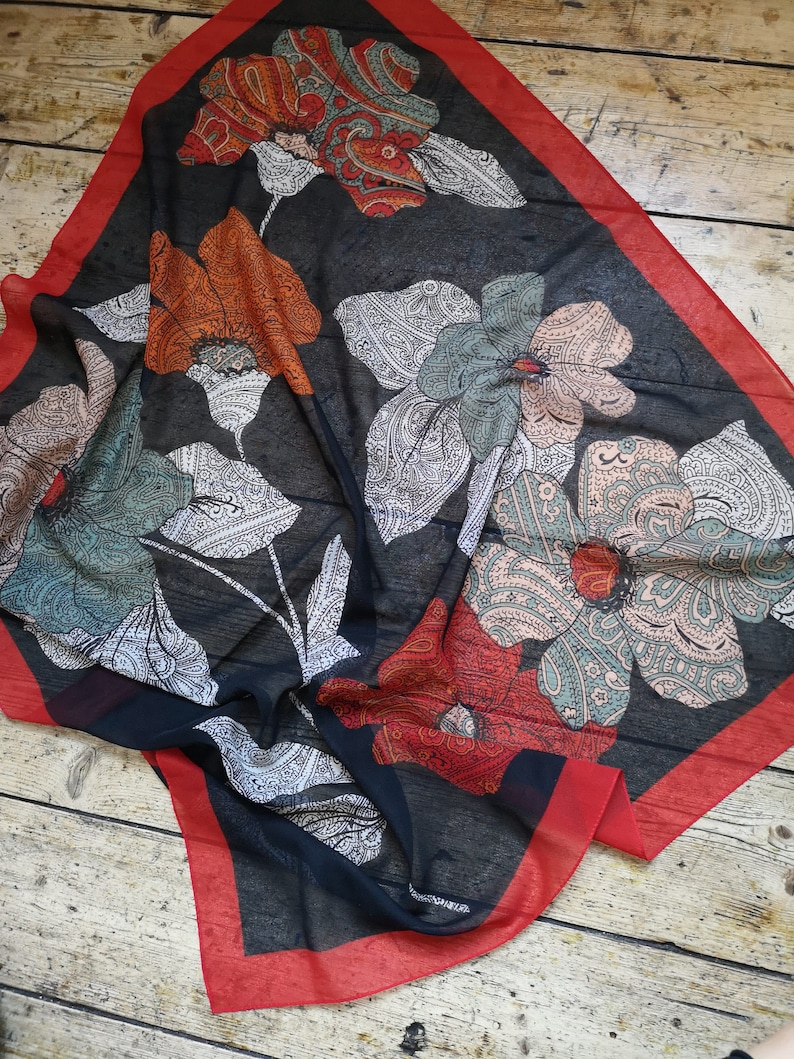 Vintage Codello bohemian 70s scarf paisley black floral design ladies accessories red boarder gift birthday Christmas Dolly Topsy Etsy UK