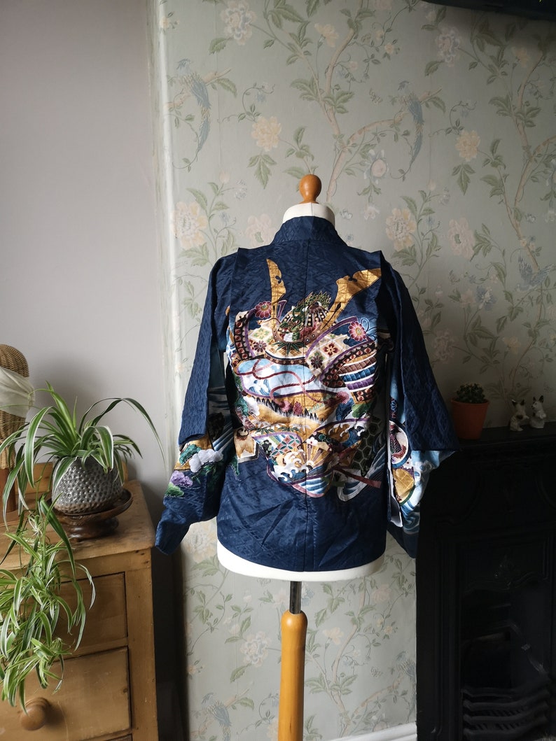 Vintage Japanese kimono jacket navy blue floral design bohemian hippie coat party top womens clothing retro traditional Dolly Topsy Etsy UK