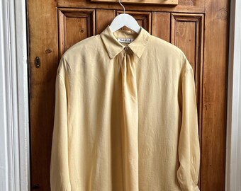 Vintage blouse silk shirt women minimalist clothing sustainable long sleeves size 12 lemon yellow loose blouse top smart casual medium