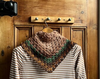 Crochet neckerchief handmade scarf earthy brown green  triangle gift for dad brother mens mum accessories utility minimalist