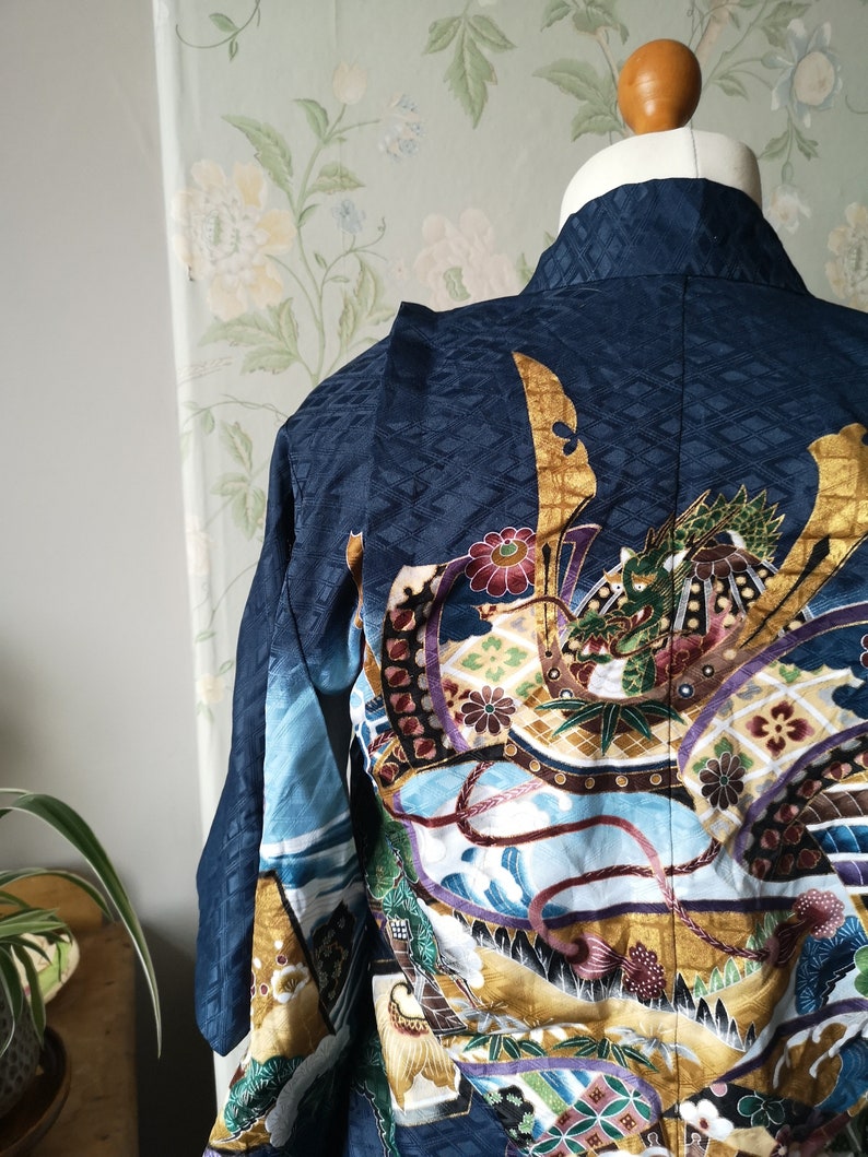 Vintage Japanese kimono jacket navy blue floral design bohemian hippie coat party top womens clothing retro traditional Dolly Topsy Etsy UK
