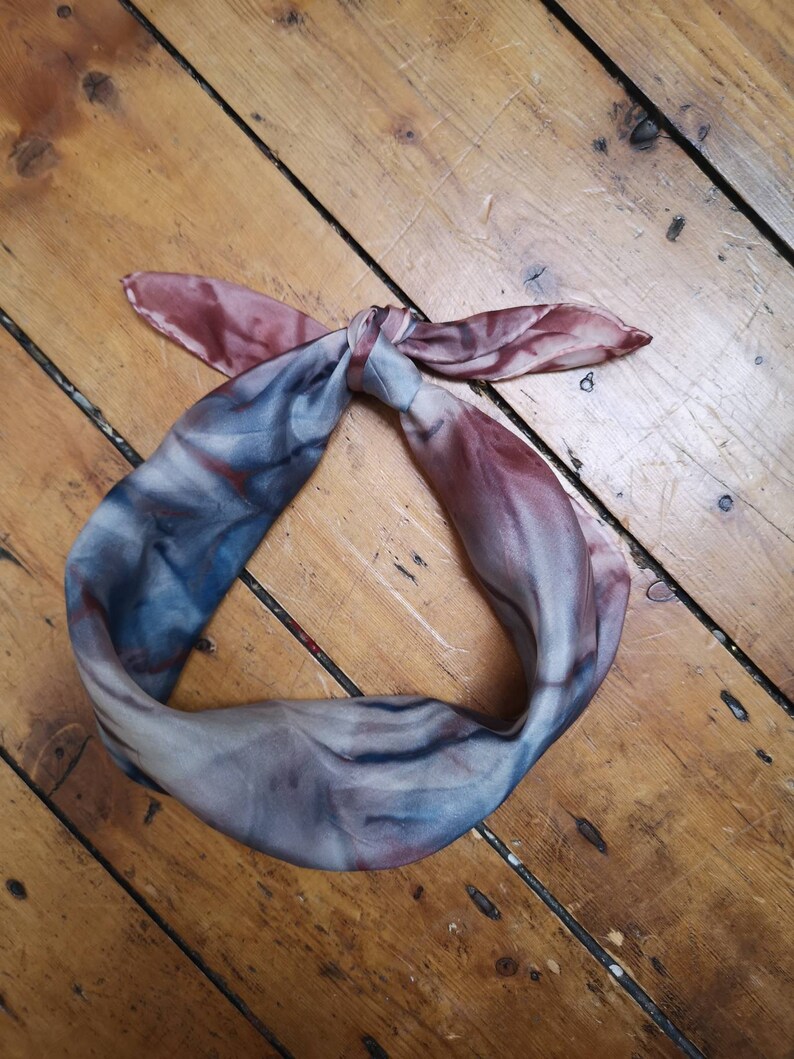 Ladies vintage scarf silk hippie boho accessories tie dye hand crafted square blue grey rusty red neckerchief bandana Dolly Topsy Etsy UK