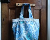 Tote bag handmade accessories vintage fabric lace blue tones white pastel floral shopping bags sustainable fashion Dolly Topsy Etsy UK