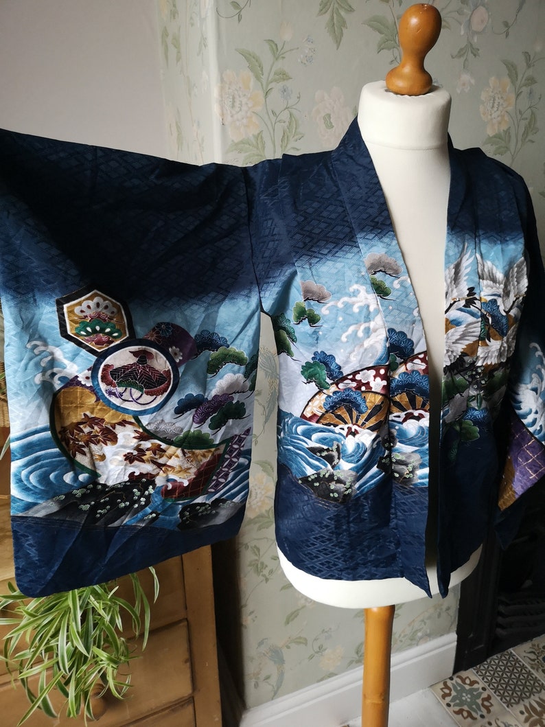Vintage Japanese kimono jacket navy blue floral design bohemian hippie coat party top womens clothing retro traditional Dolly Topsy Etsy UK