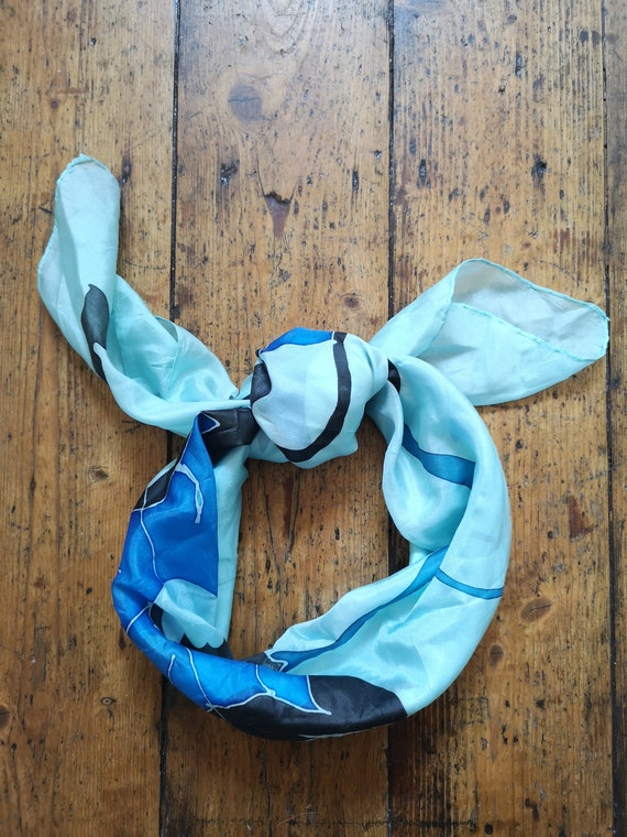Vintage Floral Silk Scarf Hand Painted Blue Black Square Large Etsy