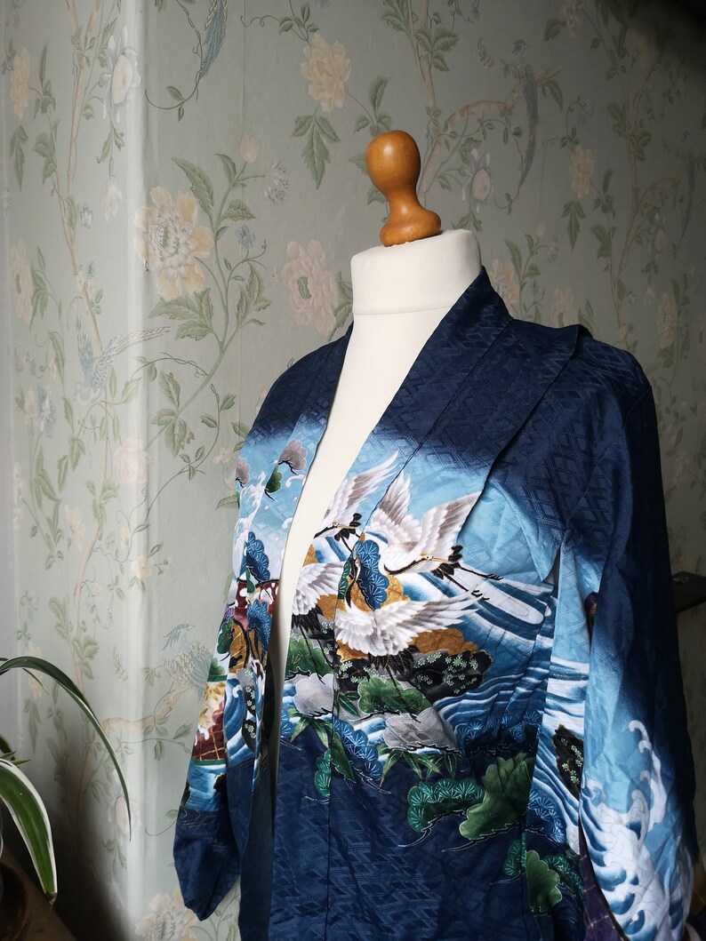 Vintage Japanese kimono jacket navy blue floral design bohemian hippie coat party top womens clothing retro traditional Dolly Topsy Etsy UK